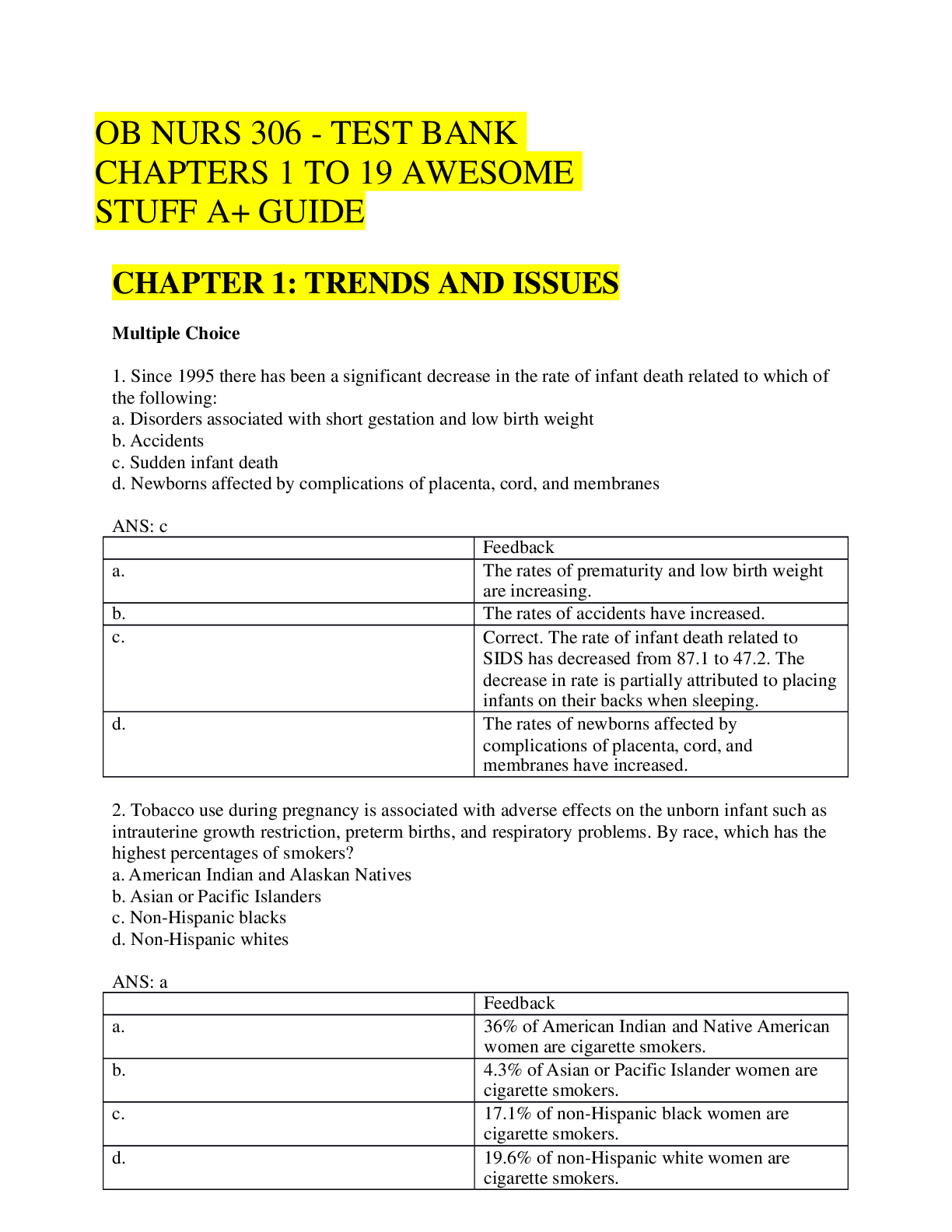 Preview of OB NURS 306 - TEST BANK CHAPTERS 1 TO 19 AWESOME STUFF A+ GUIDE